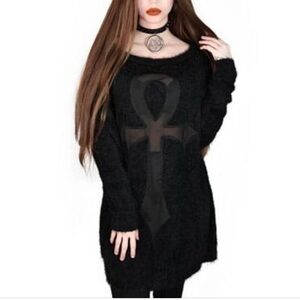 Calypso Oversized Fuzzy Knit Sweater w/Mesh Ankh